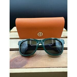 Tory Burch Tan Glasses Case with Green & Gold Sunglasses